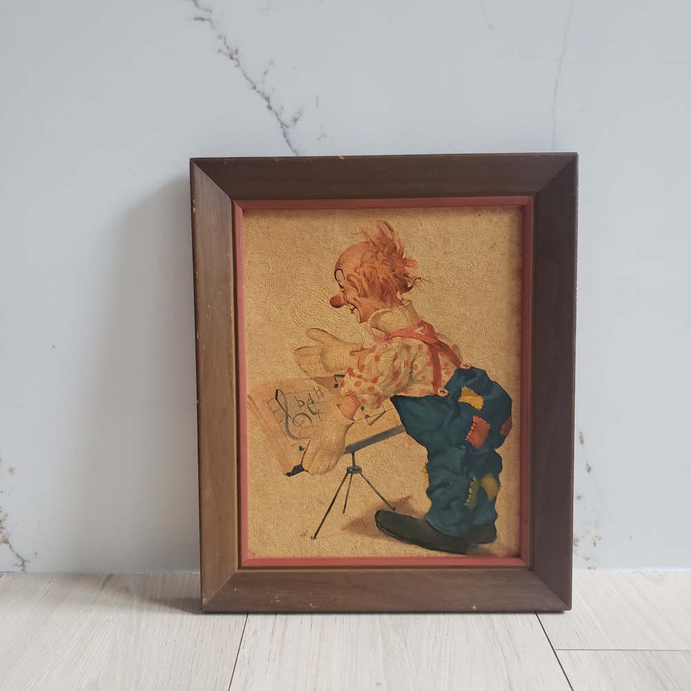 Vintage Clown Conductor Art Print Framed 12x10 Whimsical Musician Mid Century